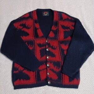 Vintage 100%Wool Cabincore Cardigan With Moose Plaid and Native American Buttons